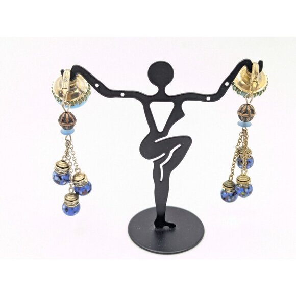 Vtg Beaded Faux Art Glass Rhinestone Dangle Drop Earrings By Kramer Of NY 3" HTF - Picture 3 of 16